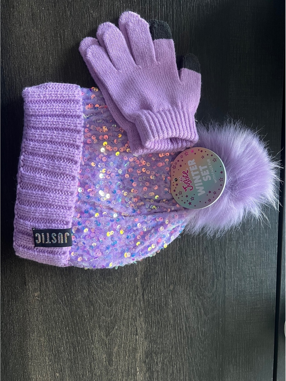 Justice Girls' Purple Sequin Beanie & Gloves Set – Faux Fur Pom-Pom Winter Hat